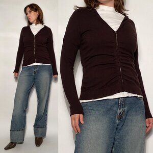 Vintage Brown Y2K PERFECT BASIC Scrunchy Ruched Zip Up HOODIE Cardigan! M to L